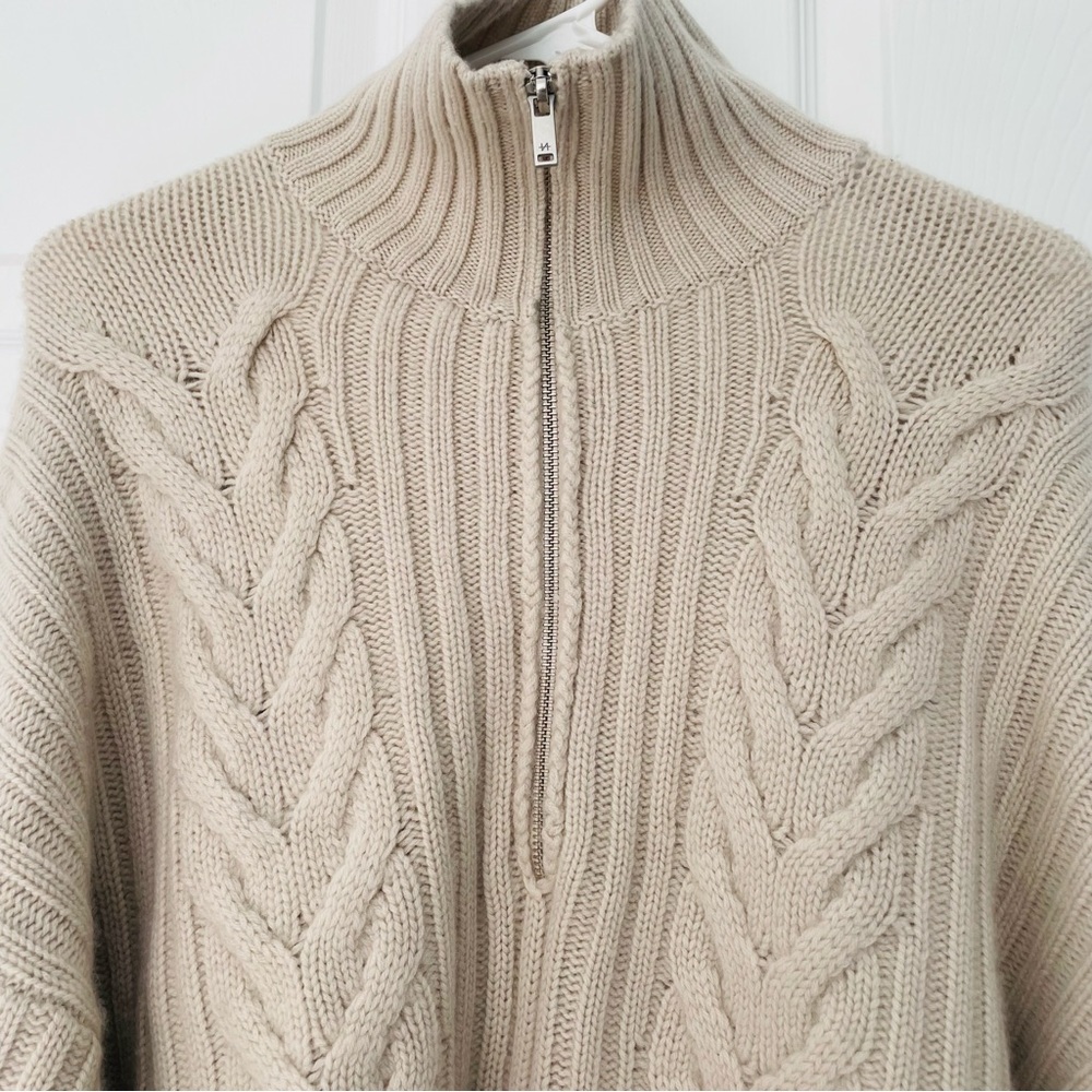 SOLD NAADAM Wool-Cashmere Open-Back Cable Quarter-Zip Taupe Linen Sweater NEW - Picture 10 of 10